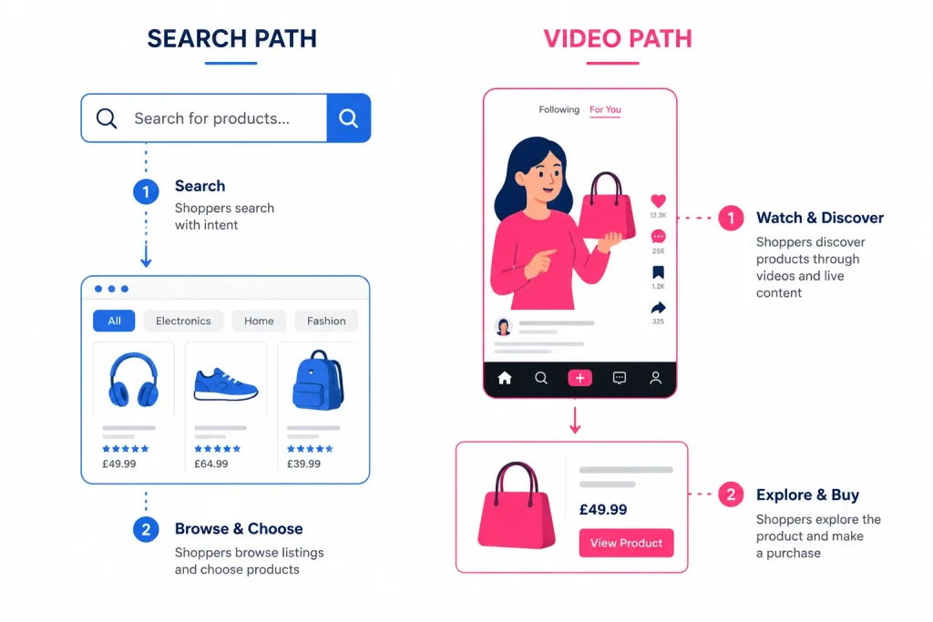 Illustration comparing search-based and feed-based product discovery