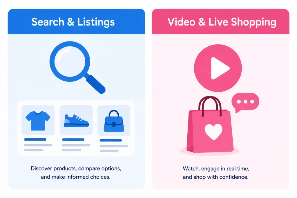 Illustration comparing search-based shopping to video-based shopping (1)