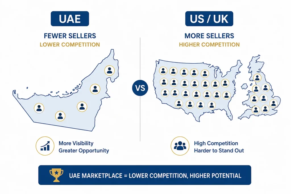 Illustration comparing seller competition levels in Amazon UAE versus USUK marketplaces