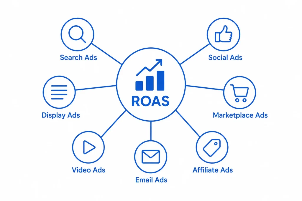 Illustration showing ROAS as a metric used across multiple advertising platforms beyond Amazon (1)