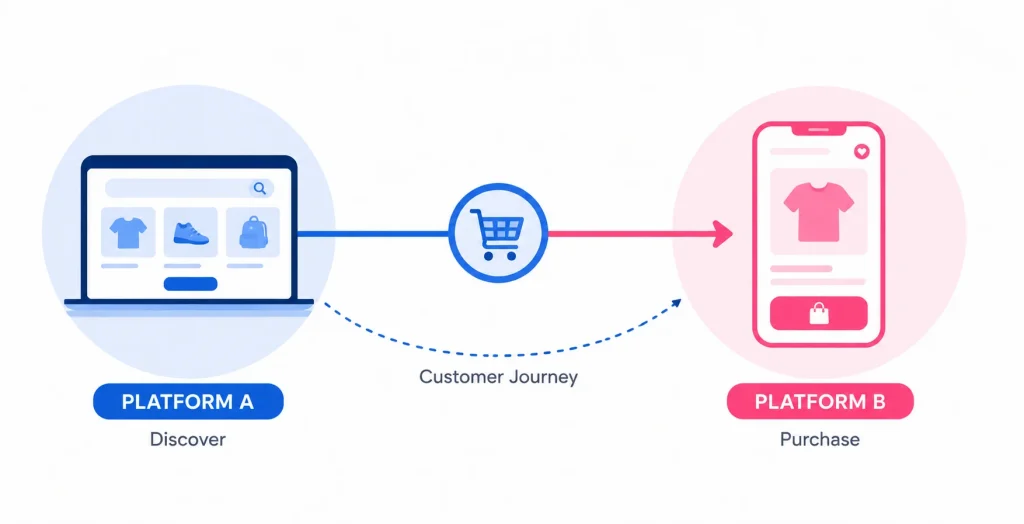 Illustration showing a customer journey crossing between two selling platforms