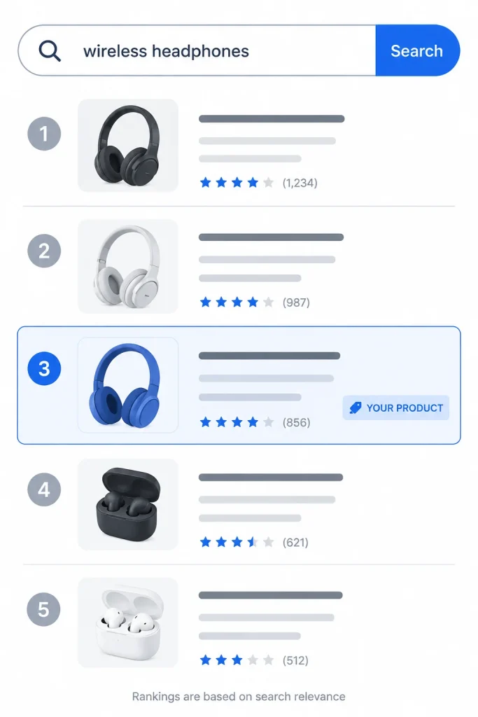 Illustration showing competitive product ranking within Amazon search results