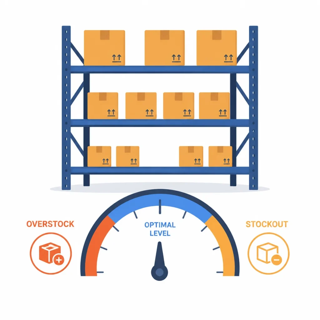 Illustration showing inventory KPIs tracking stock levels between overstock and stockout