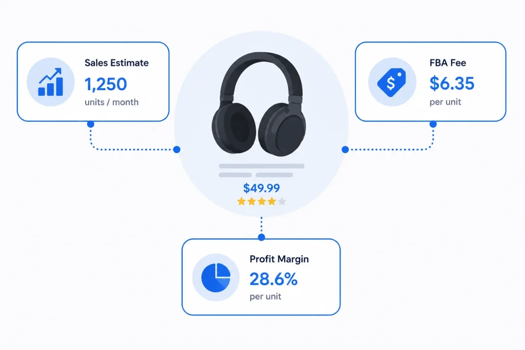 Illustration showing sales estimate and profit margin data for product research