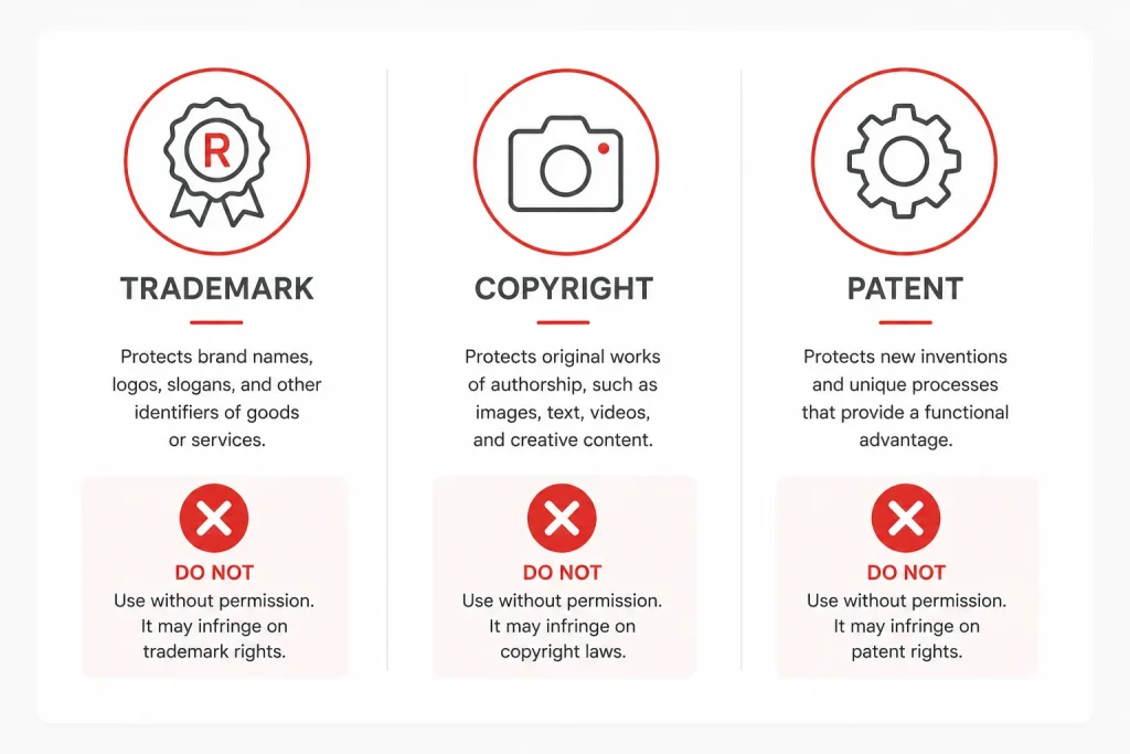 Infographic showing the three main types of intellectual property infringement on Amazon