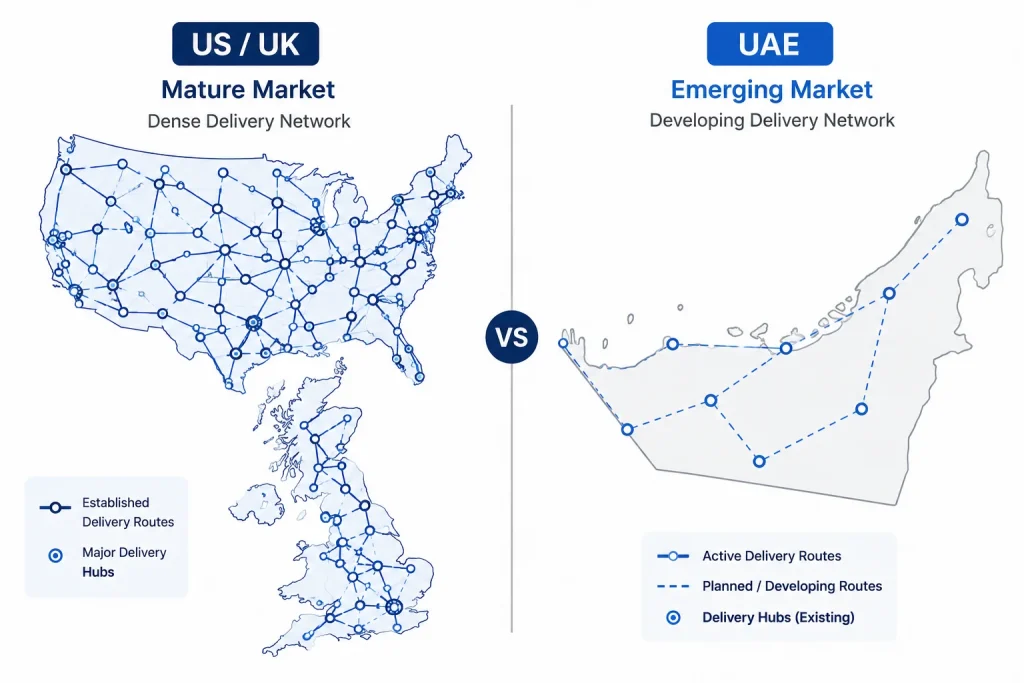Map illustration comparing fulfillment coverage between UAE and USUK marketplaces