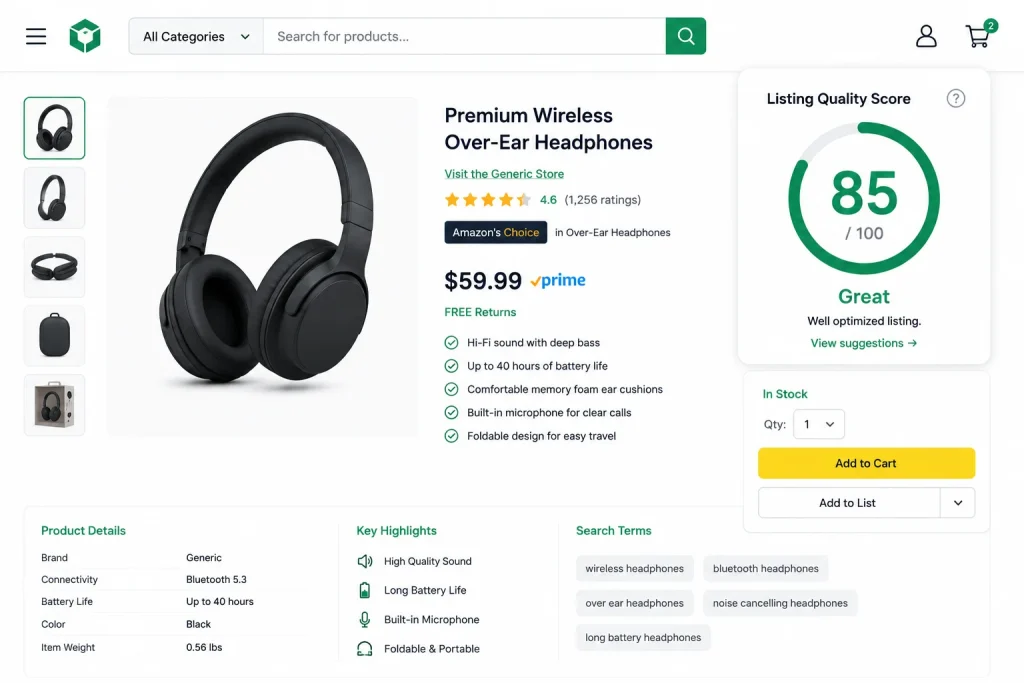 Mockup of a listing quality score used to evaluate title, bullets, and images