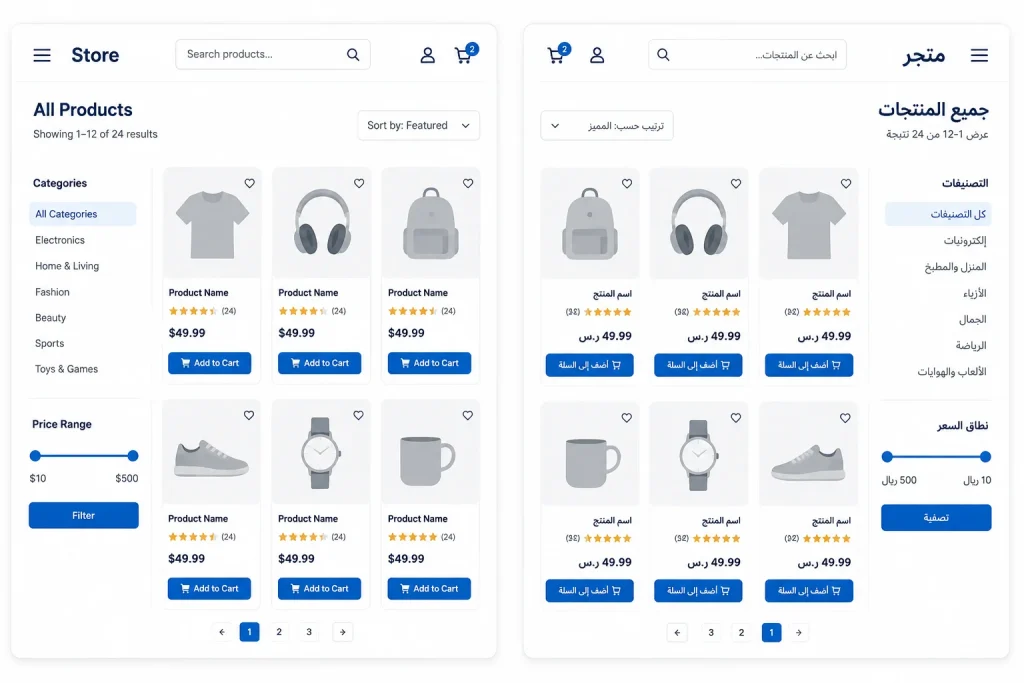 Mockup of a product listing shown in both English and Arabic