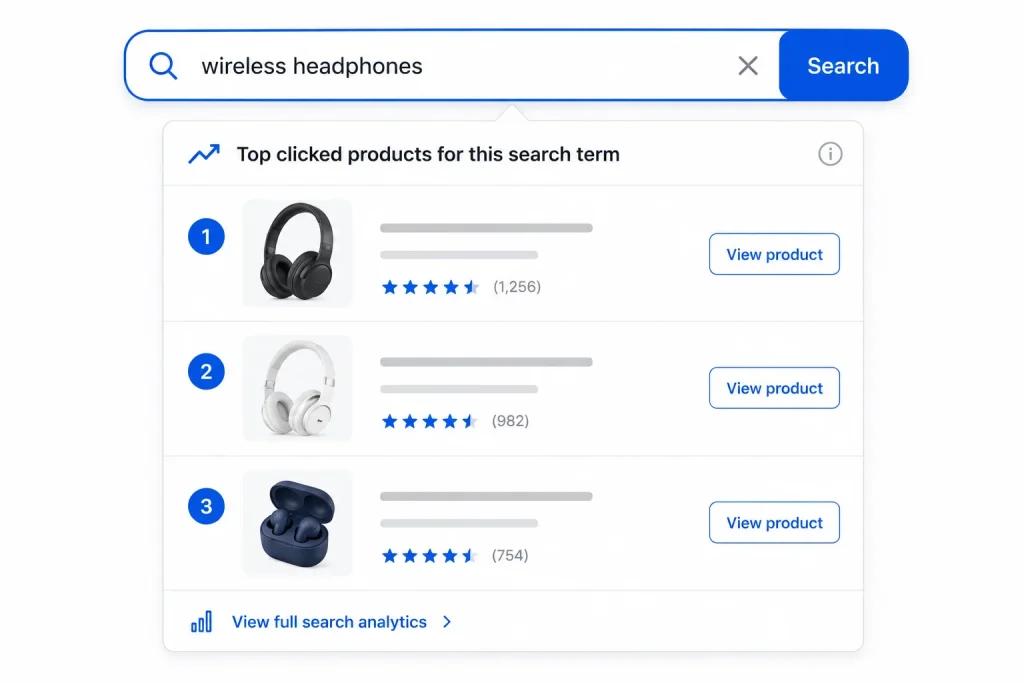 Mockup of a search term report showing top clicked products for a keyword
