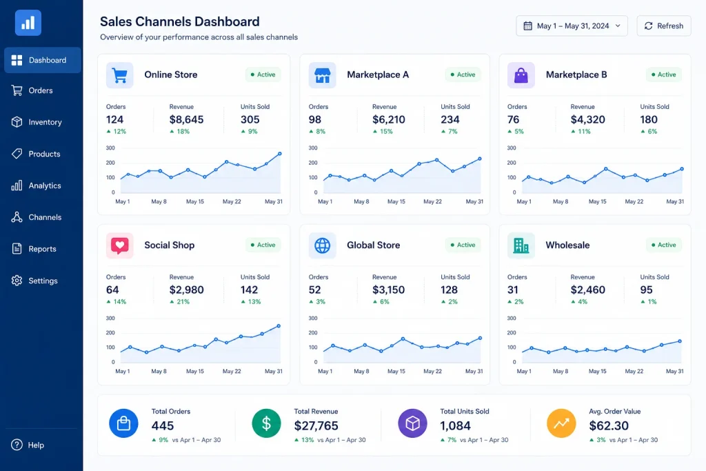 Mockup of a unified dashboard controlling inventory across multiple sales channels