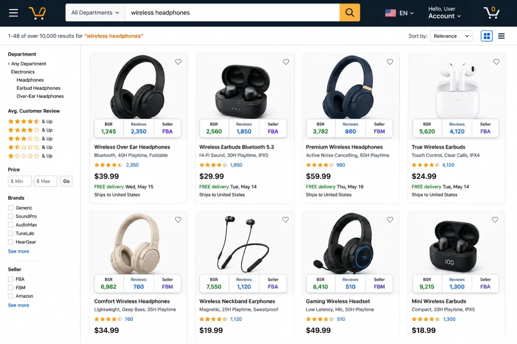 Mockup of search result overlay data showing BSR, reviews, and seller details