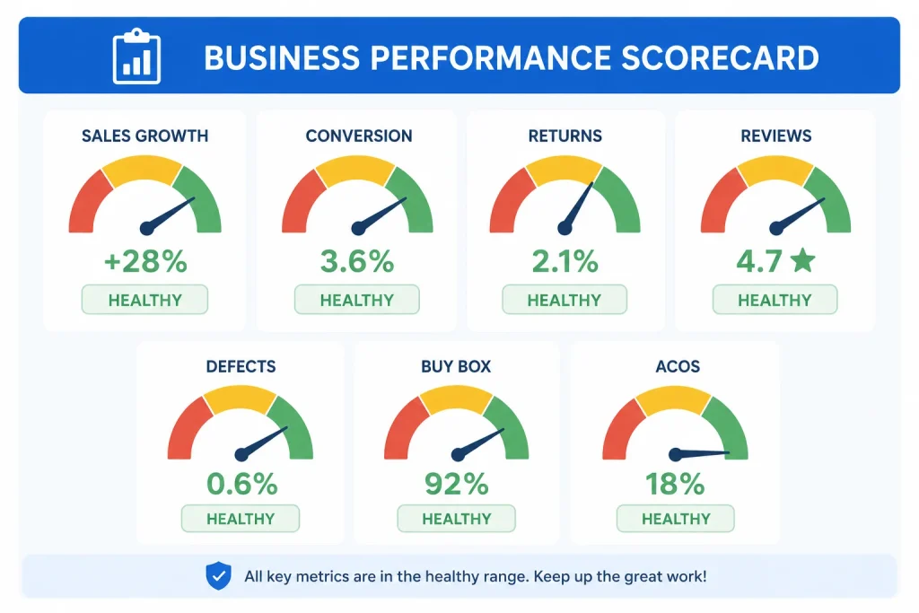 Scorecard illustration showing healthy ranges for key Amazon KPIs