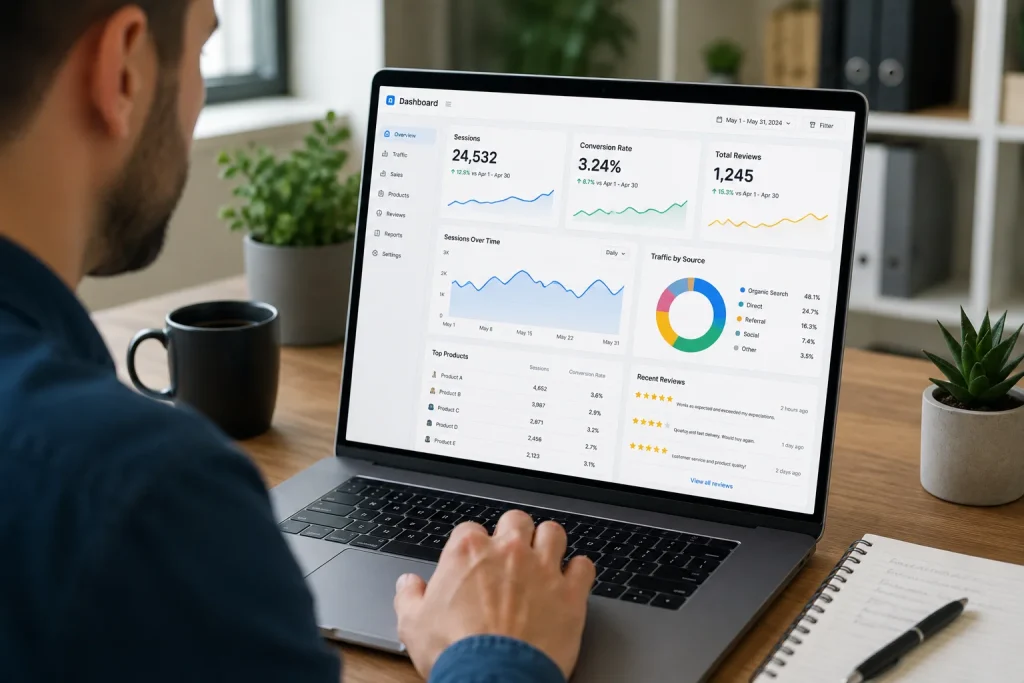 Seller reviewing Amazon product performance data across multiple tracking tools