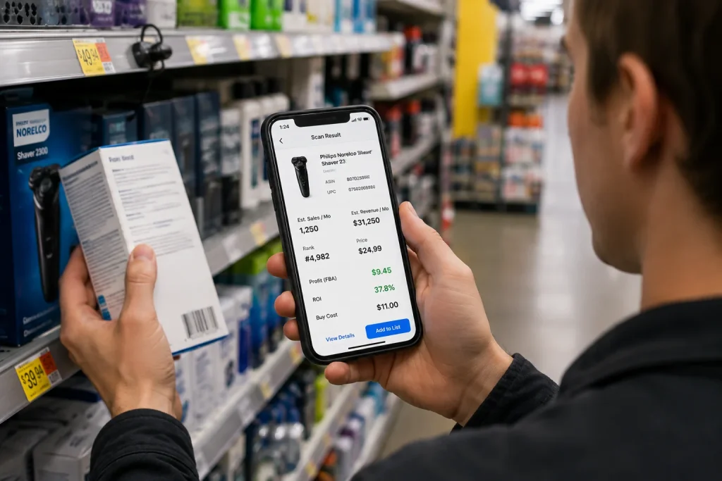 Seller scanning a product barcode in-store to check profitability before sourcing