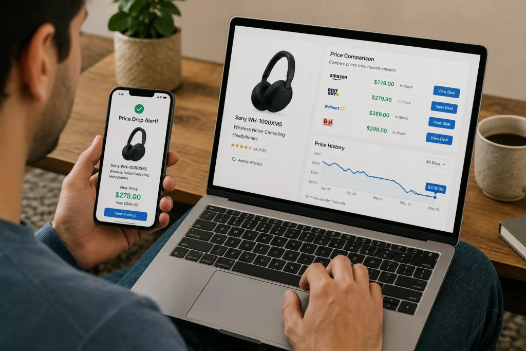 Shopper using a browser extension to compare prices and track deals