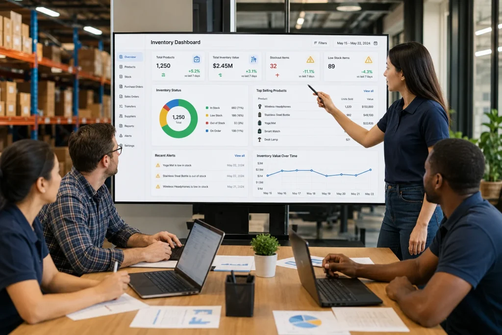 Team at a large Amazon business managing inventory across a complex dashboard