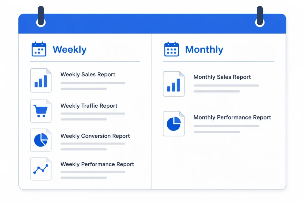 Weekly and monthly Amazon Brand Analytics report review schedule
